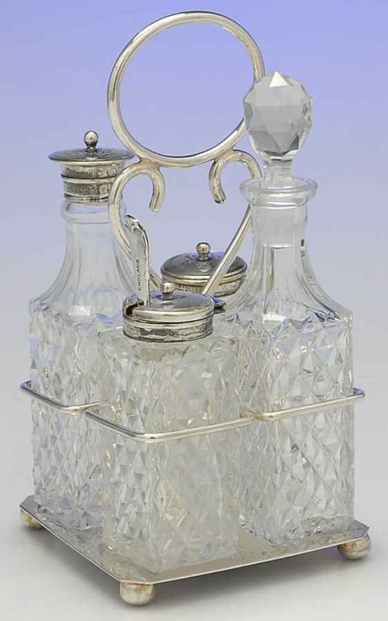 Silverplate Hollowware Cruet Set-4 Crystal Bottles W/Std by Israel Freeman & Son Ltd-1