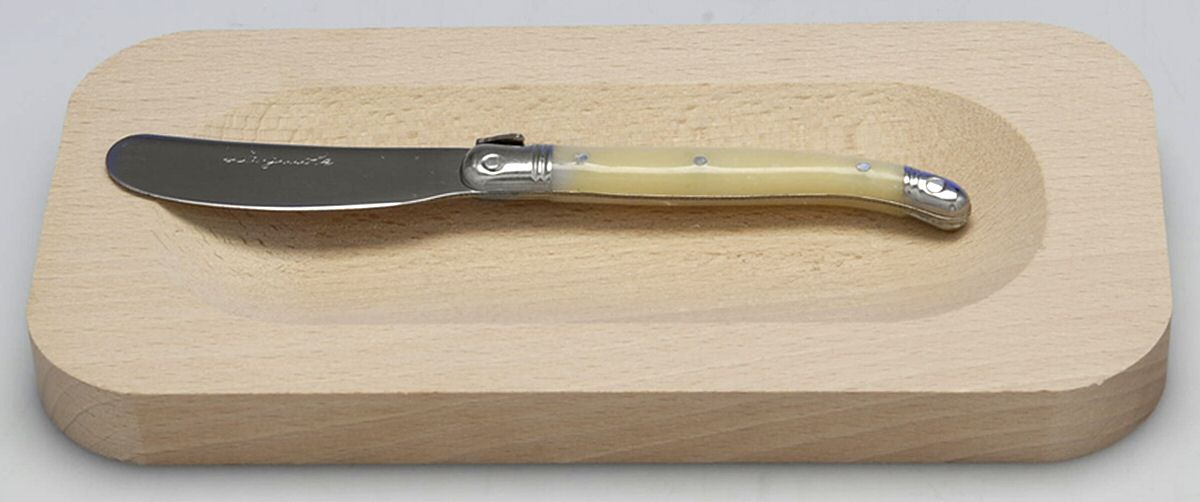 Laguiole-Ivory (Stainless) Open Wood Butter Dish W/Butter Spreader Hollow Hdl by Jean Dubost (France)-1