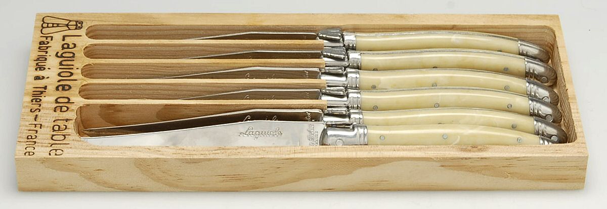 Laguiole-Ivory (Stainless) (6 Pc) Steak Knife Set with Wood Tray by Jean Dubost (France)-1
