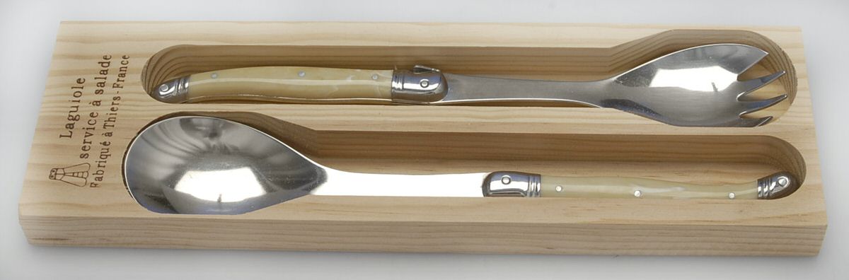 Laguiole-Ivory (Stainless) Salad Serving Set with Wood Tray (SSSHH +SSFHH) by Jean Dubost (France)-1