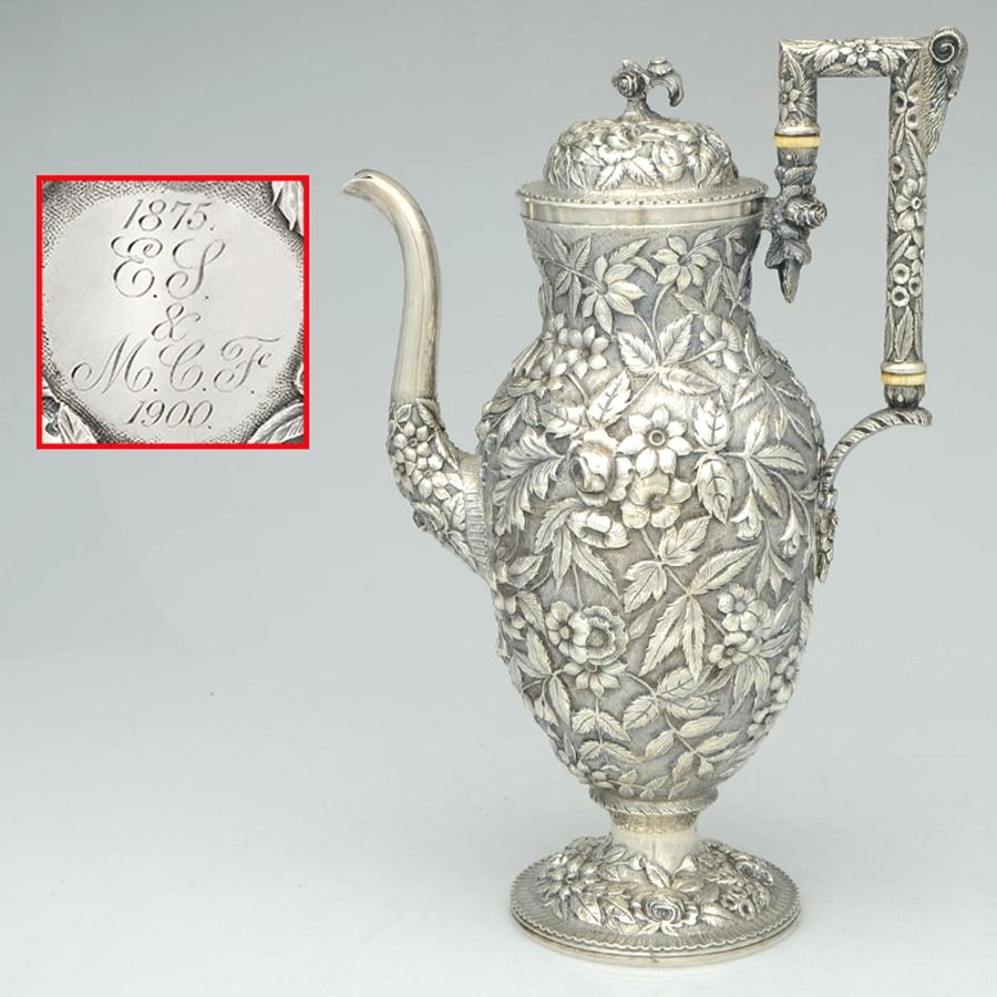 Repousse (Sterling, Hollowware) Coffee Pot by J W Mealy & Co-1