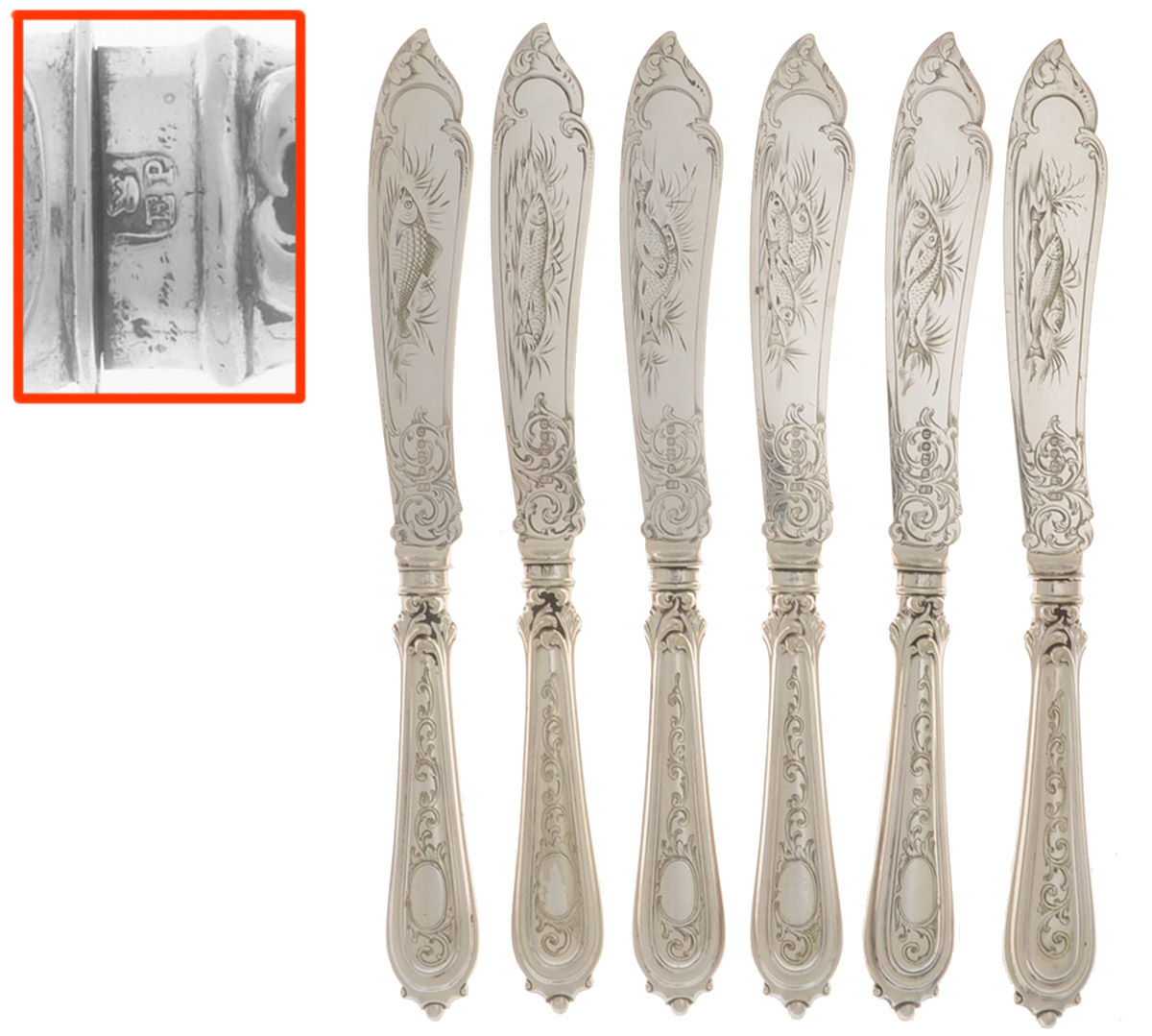 JGE8 (Silverplate) (6)Ind Brght Cut Holl Hdl Fish Knife W/Plate Blade by John Gilbert-1