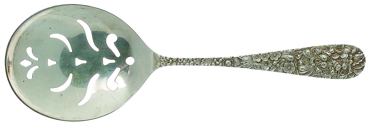 Stieff Rose (Sterling, 1892, No Monograms) Small Pea Serving Spoon, Pierced by Kirk Stieff-1