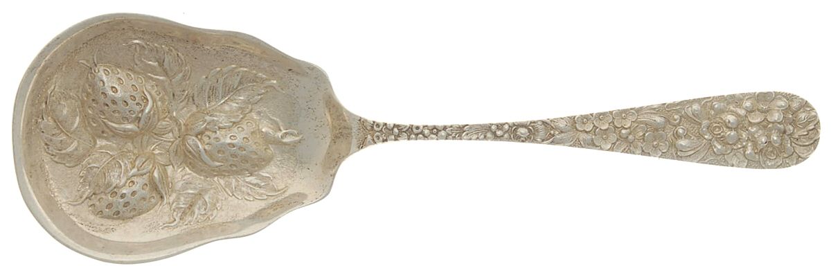 Stieff Rose (Sterling, 1892, No Monograms) Small Chased Berry Spoon-3 Berries by Kirk Stieff-1