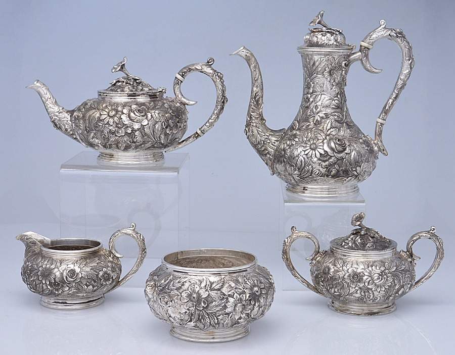 Repousse-Full Chased-Hand Chased 5 Piece Tea Set (SCP, STP, SCR, SSU, SWB) by Kirk Stieff-1