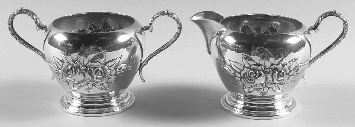 Stieff Rose (Sterling, 1892, Hollowware) Mini Creamer and Open Sugar Set by Kirk Stieff-1