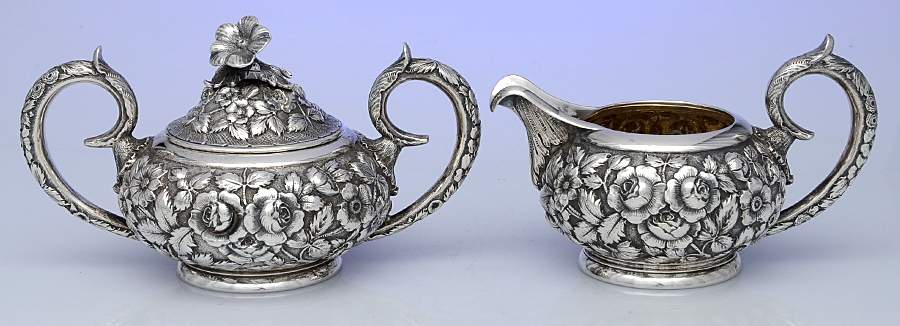 Stieff Rose (Sterling, 1892, Hollowware) Creamer & Sugar Bowl with Lid by Kirk Stieff-1