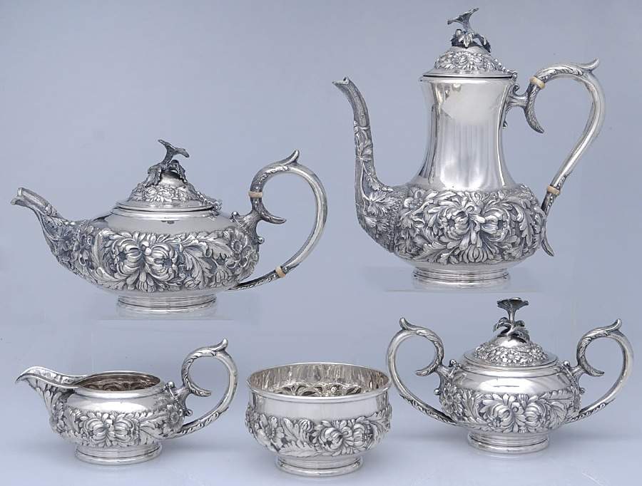 Stieff Rose (Sterling, 1892, Hollowware) 5 Piece Tea Set (SCP1, STP1, SCR1, SSU1, SWB1) by Kirk Stieff-1