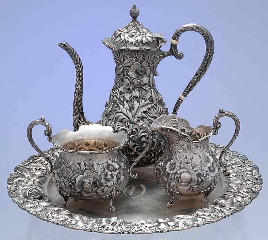 Stieff Rose (Sterling, 1892, Hollowware) 4 Piece Mini Tea Set (CPM1, CRM1,SUOM1, RT12M2) by Kirk Stieff-1