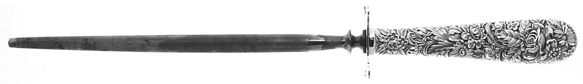 Repousse (Sterling, 1924, S.Kirk & Son, Inc.) Large Knife Sharpener-Steel Rod w/Sterling Guard by Kirk Stieff-1