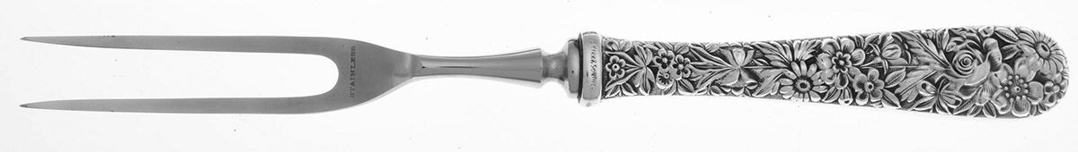 Repousse (Sterling, 1924, S.Kirk & Son, Inc.) Small Steak Carving Fork with Stainless Prongs by Kirk Stieff-1
