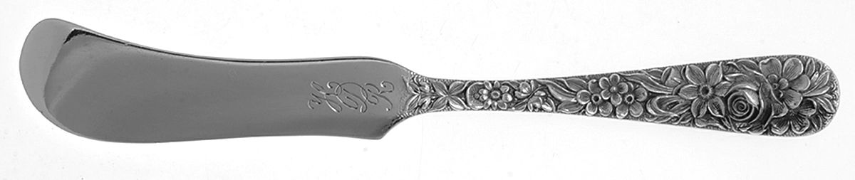 Repousse (Sterling, 1924, S.Kirk & Son, Inc.) Flat Butter Spreader-Front and Back Design by Kirk Stieff-1
