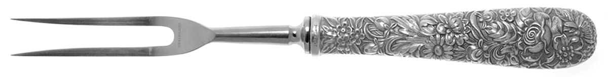 Repousse (Sterling, 1924, S.Kirk & Son, Inc.) Large Stainless-Prong Roast Carving Fork by Kirk Stieff-1