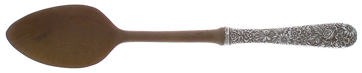 Repousse (Sterling, 1924, S.Kirk & Son, Inc.) Salad Serving Spoon with Wooden Bowl by Kirk Stieff-1
