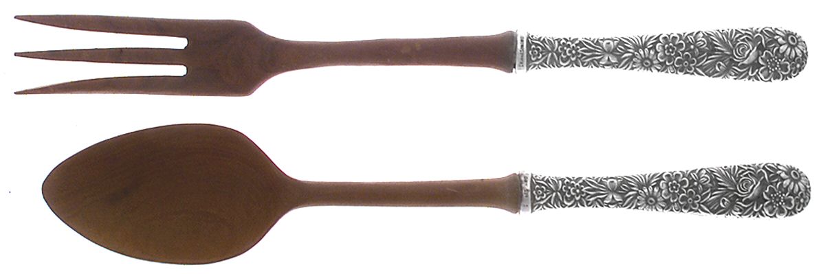 Repousse (Sterling, 1924, S.Kirk & Son, Inc.) Wooden Bowl 2-Piece Salad Set by Kirk Stieff-1