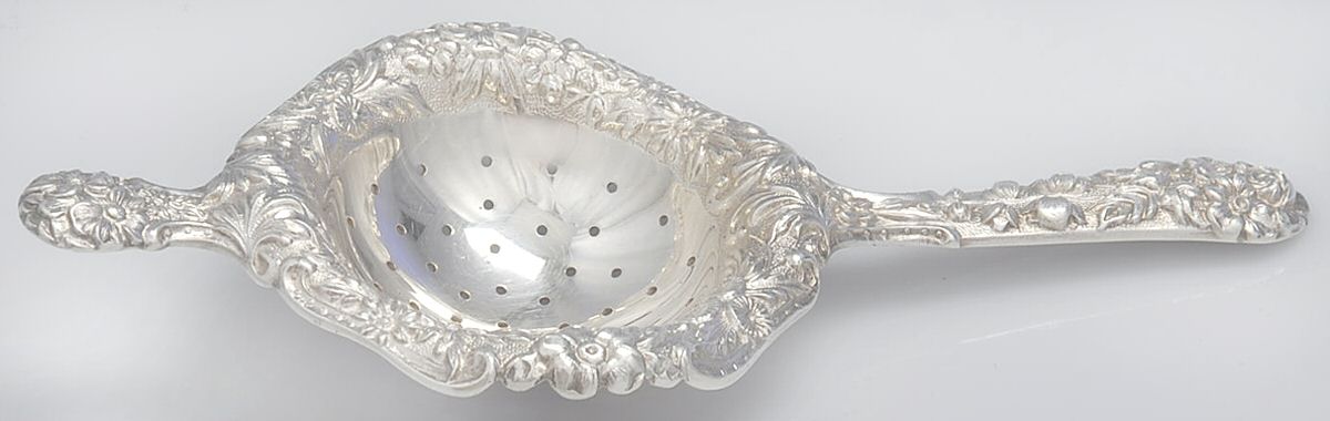 Repousse (Sterling, 1924, S.Kirk & Son, Inc.) Solid Individual Overcup Tea Strainer by Kirk Stieff-1