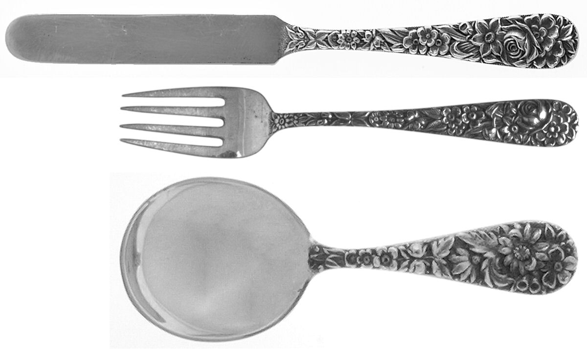 Repousse (Sterling, 1924, S.Kirk & Son, Inc.) BABY SET-3PC (BabyFork,BabySpoon & BabyKnifeSolid) by Kirk Stieff-1