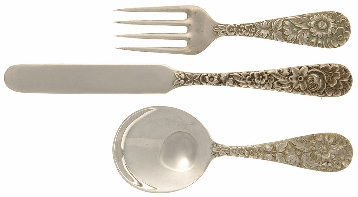 Repousse (Sterling, 1924, S.Kirk & Son, Inc.) (3 Pc)  Baby Set-Small Baby Spoon&Fork,Solid Knife by Kirk Stieff-1