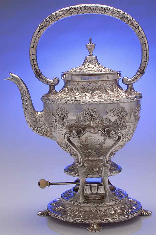 Repousse-Full Chsd-Landsc(925-1000) Kettle, Stand & Burner by Kirk Stieff-1
