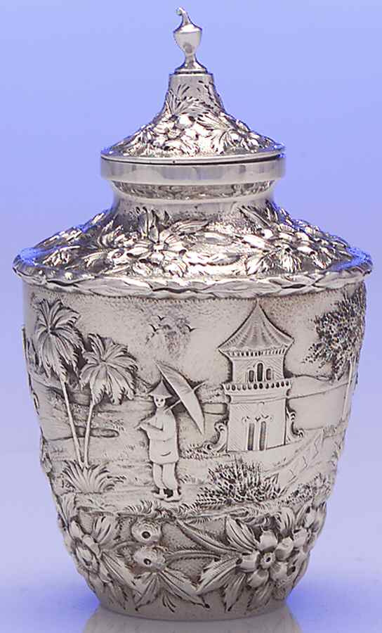 Repousse-Full Chsd-Landsc(925-1000) Tea Caddy & Lid by Kirk Stieff-1