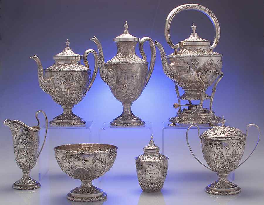 Repousse-Full Chsd-Landsc(925-1000) 7 Piece Tea Set (SCP, STP, SCR, SSU, SWB, SKES & TCAD) by Kirk Stieff-1