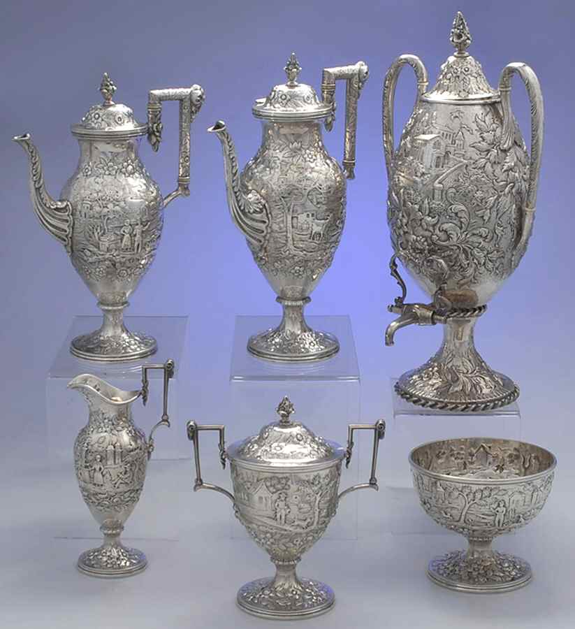 Repousse-Full Chased-Landscape 6 Piece Tea Set (SCP, STP, SCR, SSU, SWB, URN) by Kirk Stieff-1