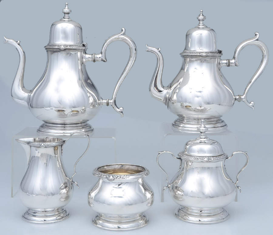 2400 (Sterling, Hollowware) 5 Piece Tea Set (SCP, STP, SCR, SSU, SWB) by Lunt Silver-1
