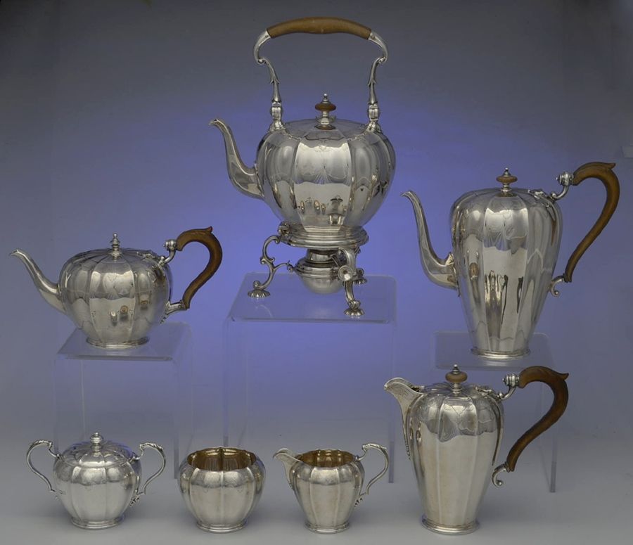 LNC5 (Sterling, Hollowware) 7 Piece Tea Set (SCP, STP, SCR, SSU, SWB, SKES & CHP) by Lionel A Crichton-1