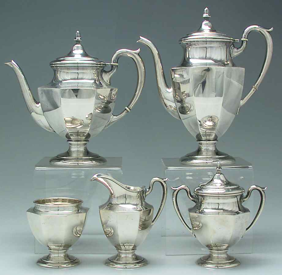 409 (Sterling, Hollowware) 5 Piece Tea Set (SCP, STP, SCR, SSU, SWB) by M Fred Hirsch-1