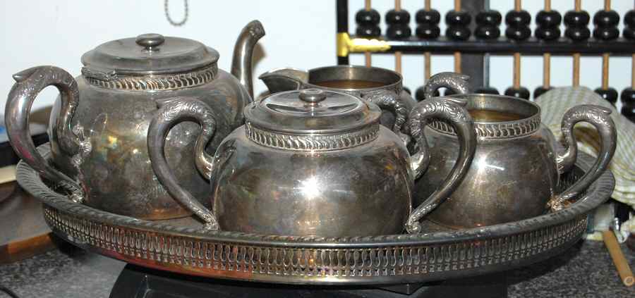 092 (Silverplate, Hollowware) 5pc Tea Set with Round Tray by Maltby, Stevens & Curtiss Co-1