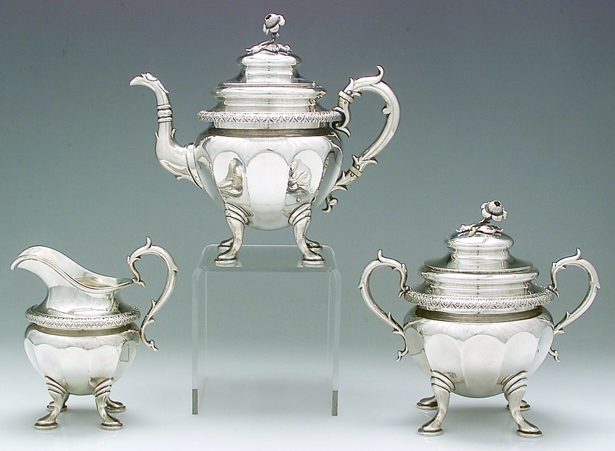 Coin Silver Hollowware 3 Piece Tea Set (STP, SCR, SSU) by Nicholas J Bogert-1
