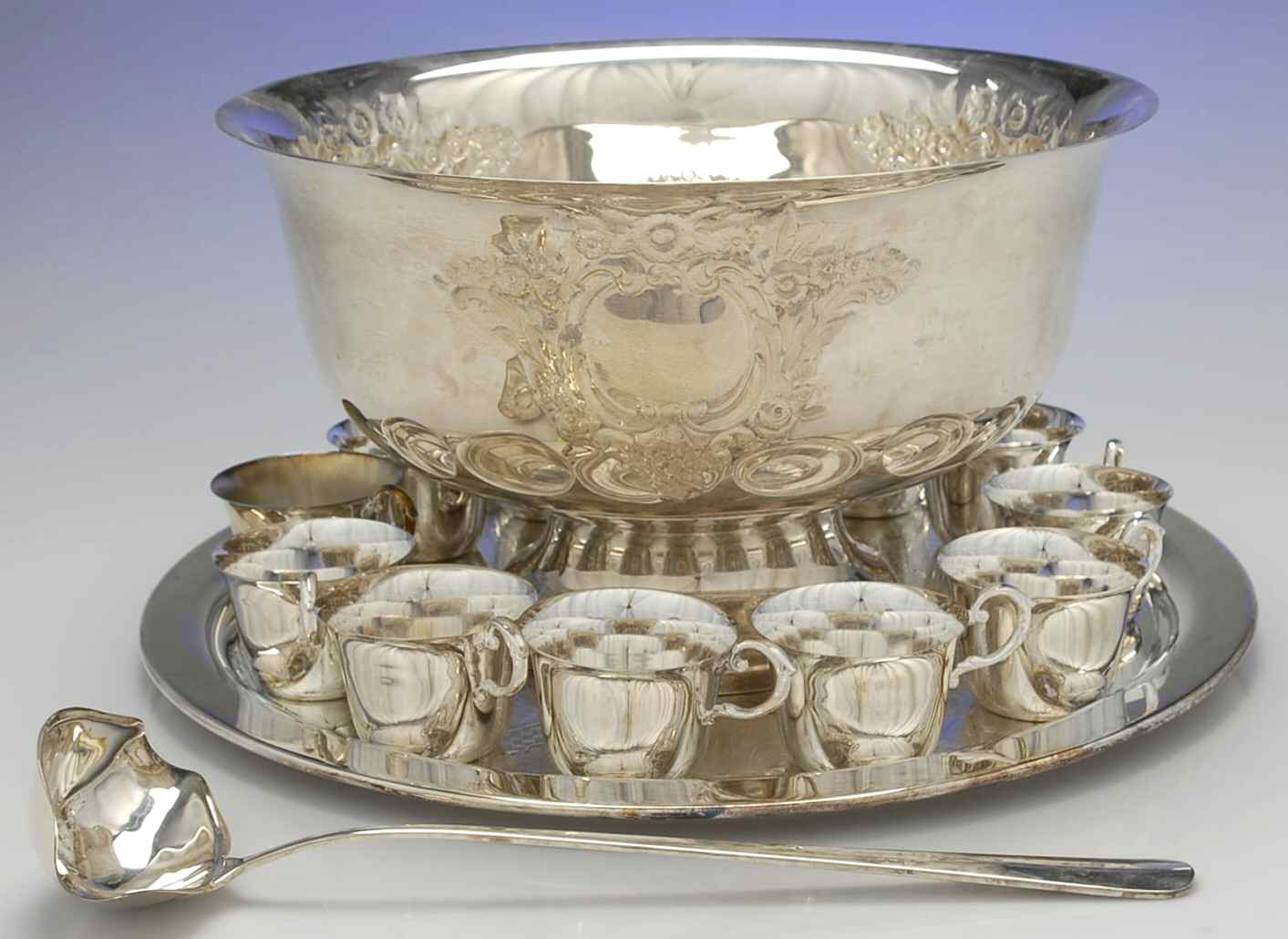 Castle Court (Silverplate, Hollowware) Punch Set-Bowl, 10 Cups, Tray & Ladle by Oneida Silver-1