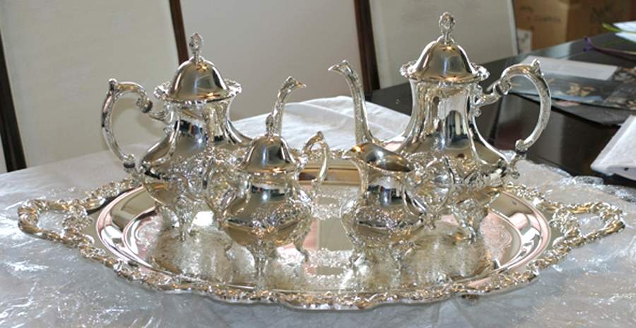 Jack Shepard Reproduction (Silverplate, Hollowware) 5-Piece Silverplate Tea Set (with Tray) by Poole Silver -1