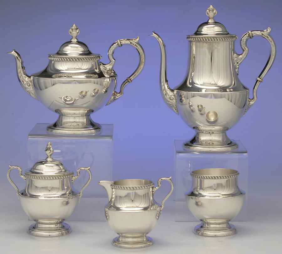 Georgian (Sterling, Hollowware) 5 Piece Tea Set (SCP, STP, SCR, SSU, SWB) by Poole Silver -1