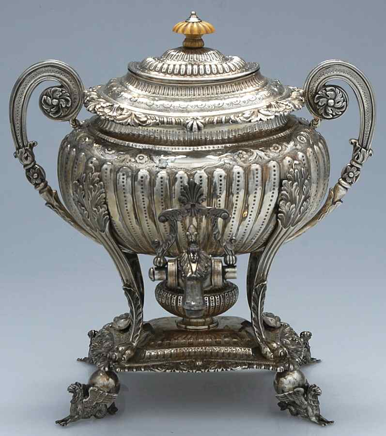R4E2 (Sterling, Hollowware) Samovar with attached Stand and Burner by Rebecca Emes&Edw.Barnard I-1