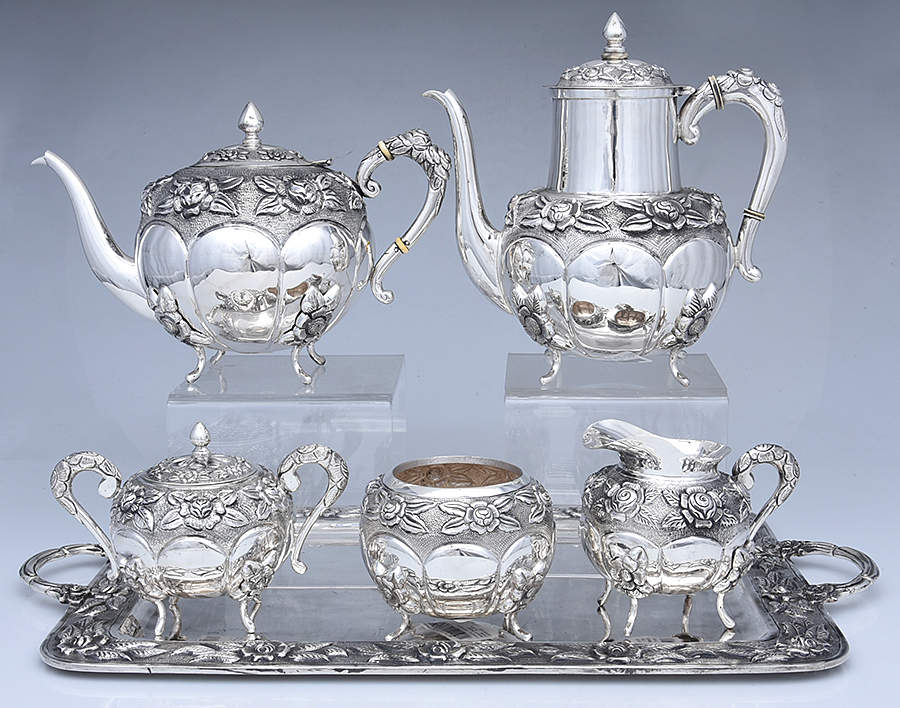 Aztec Rose (Sterling, Hollowware) 6 Piece Tea Set (SCP, STP, SCR, SSU, SWB, WTL) by Real Silver Company-1