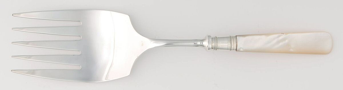 Victoria(Silverplate, Pearlhdl, Less Design Band) Large Solid Cold Meat Serving Fork by Samuel Peace-1