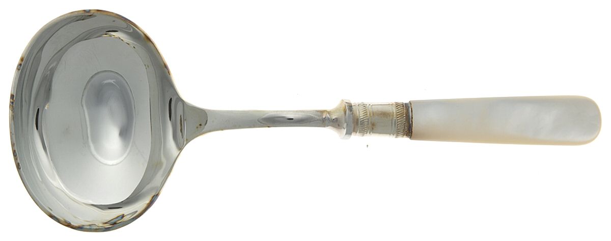 Victoria(Silverplate, Pearlhdl, Less Design Band) Solid Gravy Ladle by Samuel Peace-1
