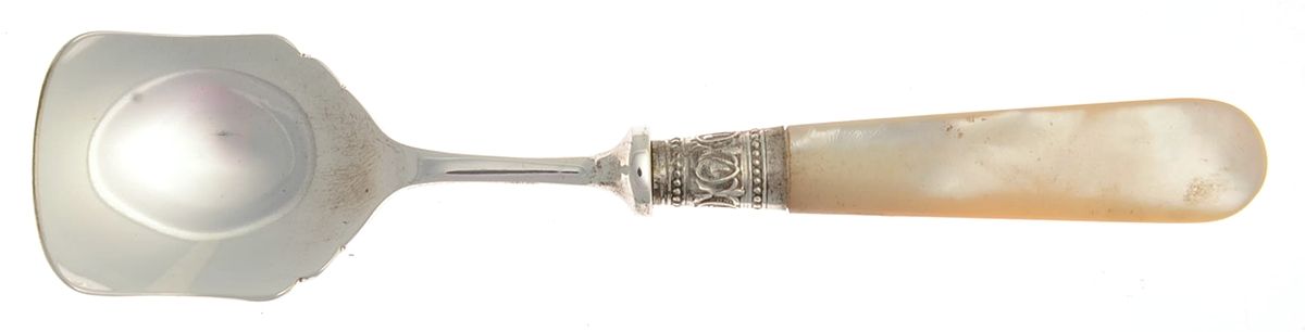 Victoria(Silverplate, Pearlhdl, More Design Band) Sugar Spoon by Samuel Peace-1