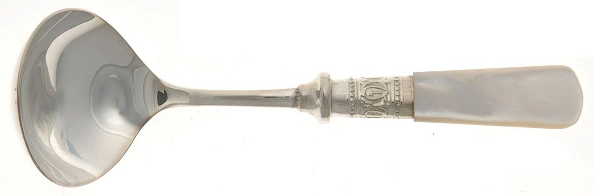 Victoria(Silverplate, Pearlhdl, More Design Band) Solid Piece Cream Ladle by Samuel Peace-1