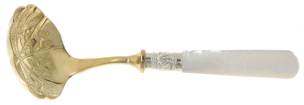 Victoria(Silverplate, Pearlhdl, More Design Band) Solid Piece Cream Ladle by Samuel Peace-1