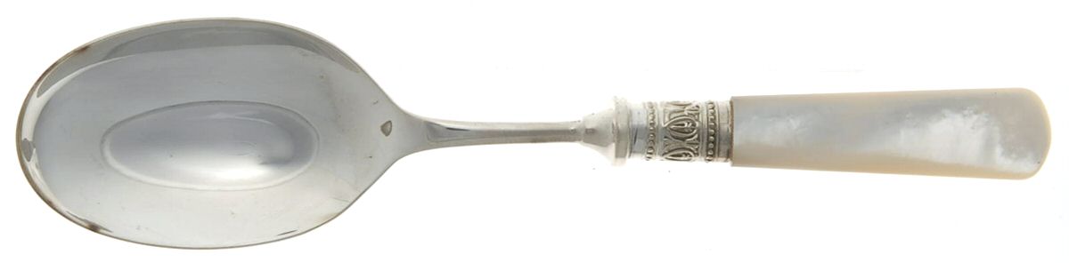 Victoria(Silverplate, Pearlhdl, More Design Band) Dessert/Oval Soup Spoon by Samuel Peace-1