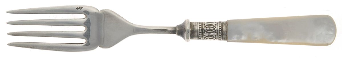 Victoria(Silverplate, Pearlhdl, More Design Band) Individual Fish Fork, Silverplate Tines by Samuel Peace-1