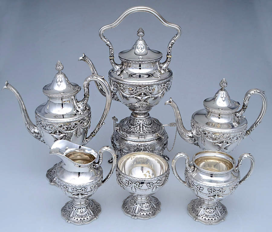 Adam (Sterling, 1909, Hollowware) 6 Piece Tea Set (SCP, STP, SCR, SSUB, SWB, SKES) by Shreve Silver-1