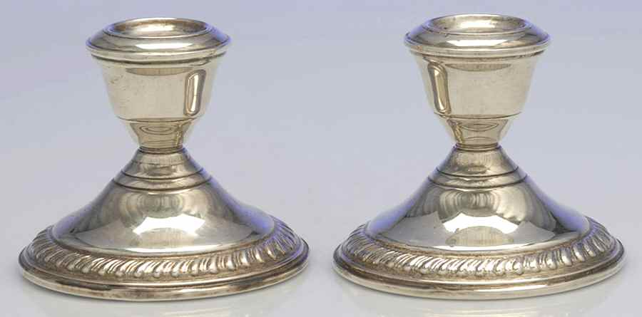 SZS1 (Sterling, Hollowware) Pair of 3" Console Candleholders by Schweitzer Silver Co-1