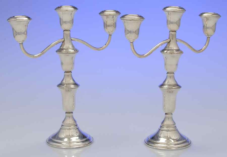 Sterling Hollowware Pair of Weighted 3 Light Candelabra by Schweitzer Silver Co-1