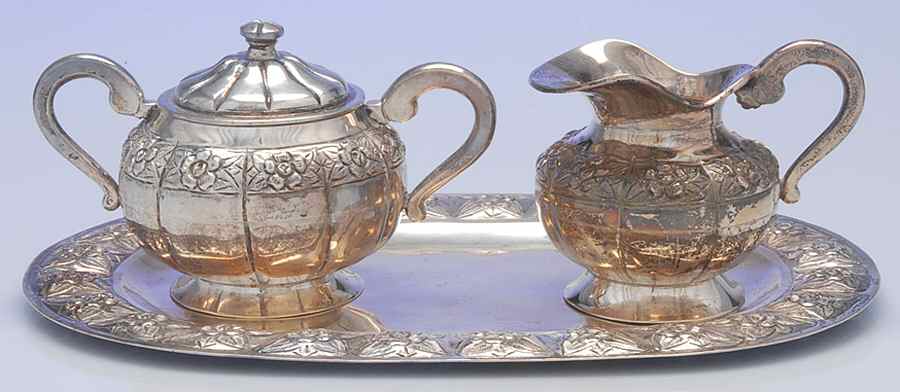 Aztec Rose (Sterling, Hollowware) 3 Piece Mini Creamer, Sugar with Lid & Oval Tray Set by Sanborns (Mexico)-1