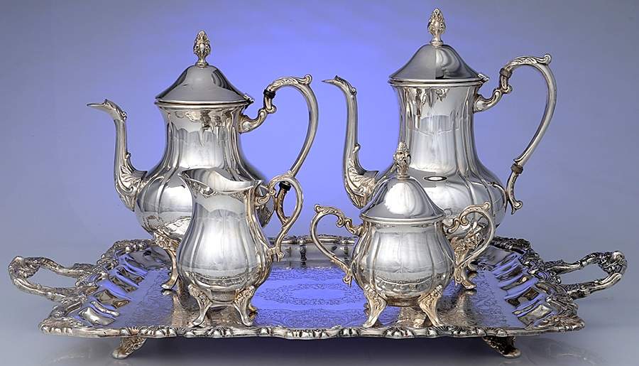 Fluted (Silverplate, Hollowware) 5-Piece Silverplate Tea Set (with Tray) by Sheridan Silver Co-1