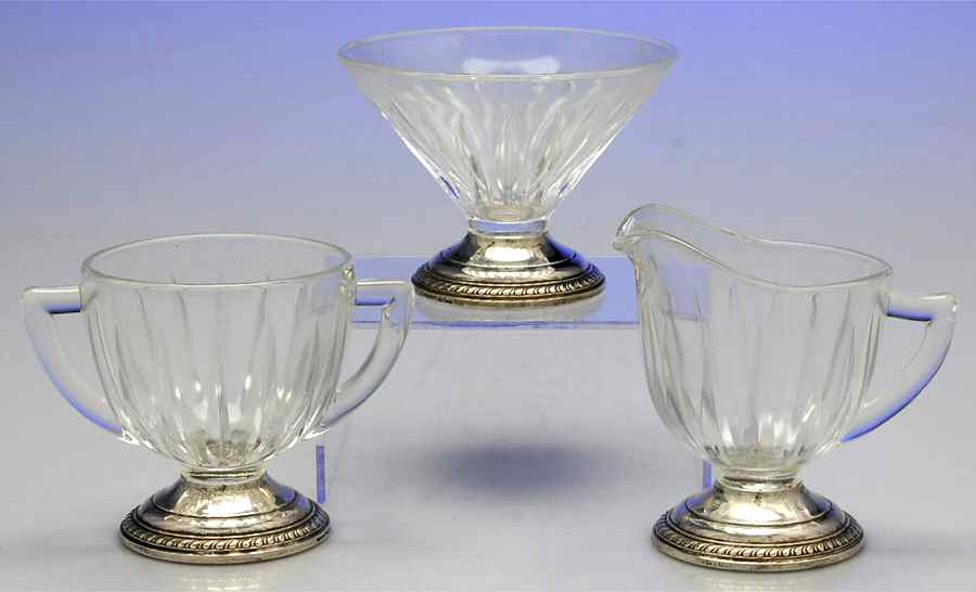 Sterling Hollowware Crystal Low Sherbet,Creamer & Open Sugar with Strling Base by Saben Silversmith-1
