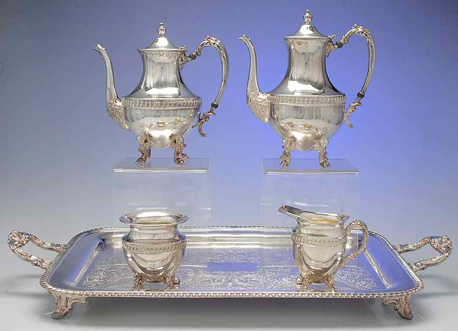 SDN19 (Silverplate, Hollowware) 5-Pc Silverplate Tea Set with Footed Tray by Sheridan Silver Co-1